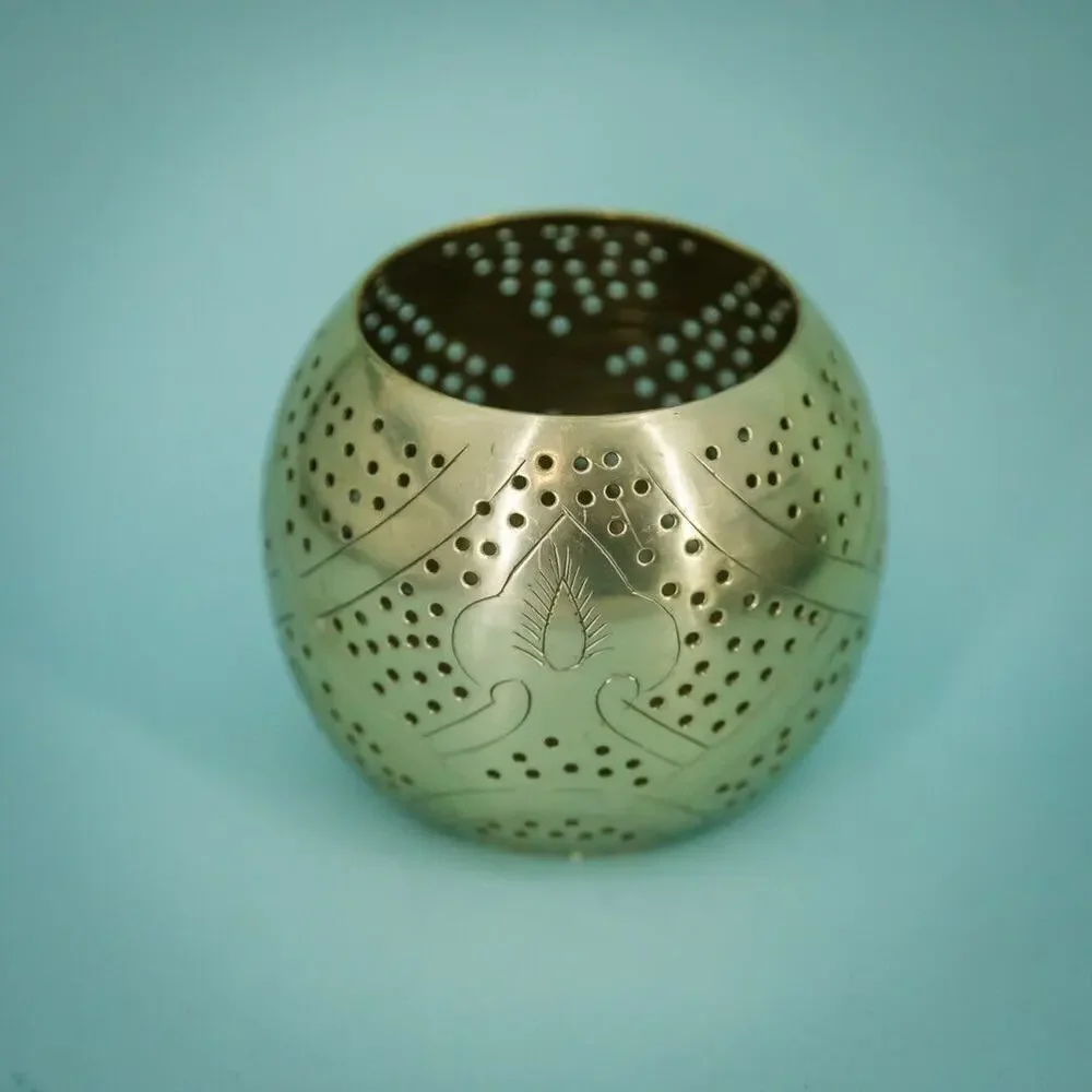 Pottery Barn Perforated Etched Design Round Circular Brass Votive Candle Holder